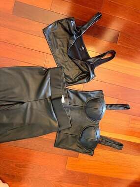 Faux Leather 3 piece Bustier Crop Top, square neck top, and bottoms